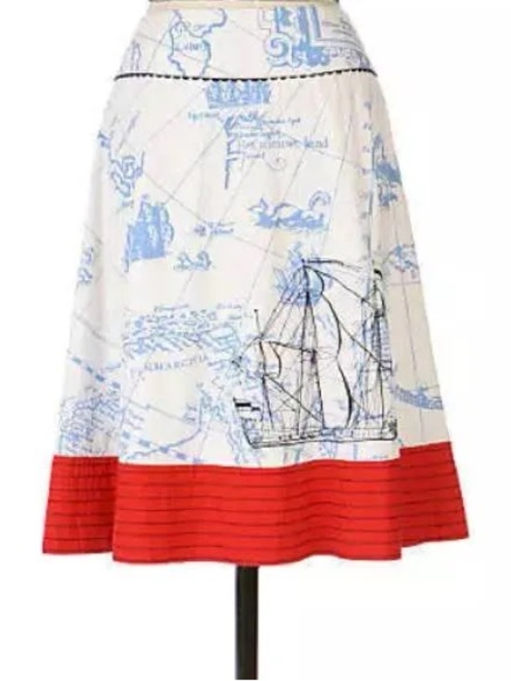 Anthropologie Seafarer’s Map Nautical Print A-Line Skirt with Red Hem